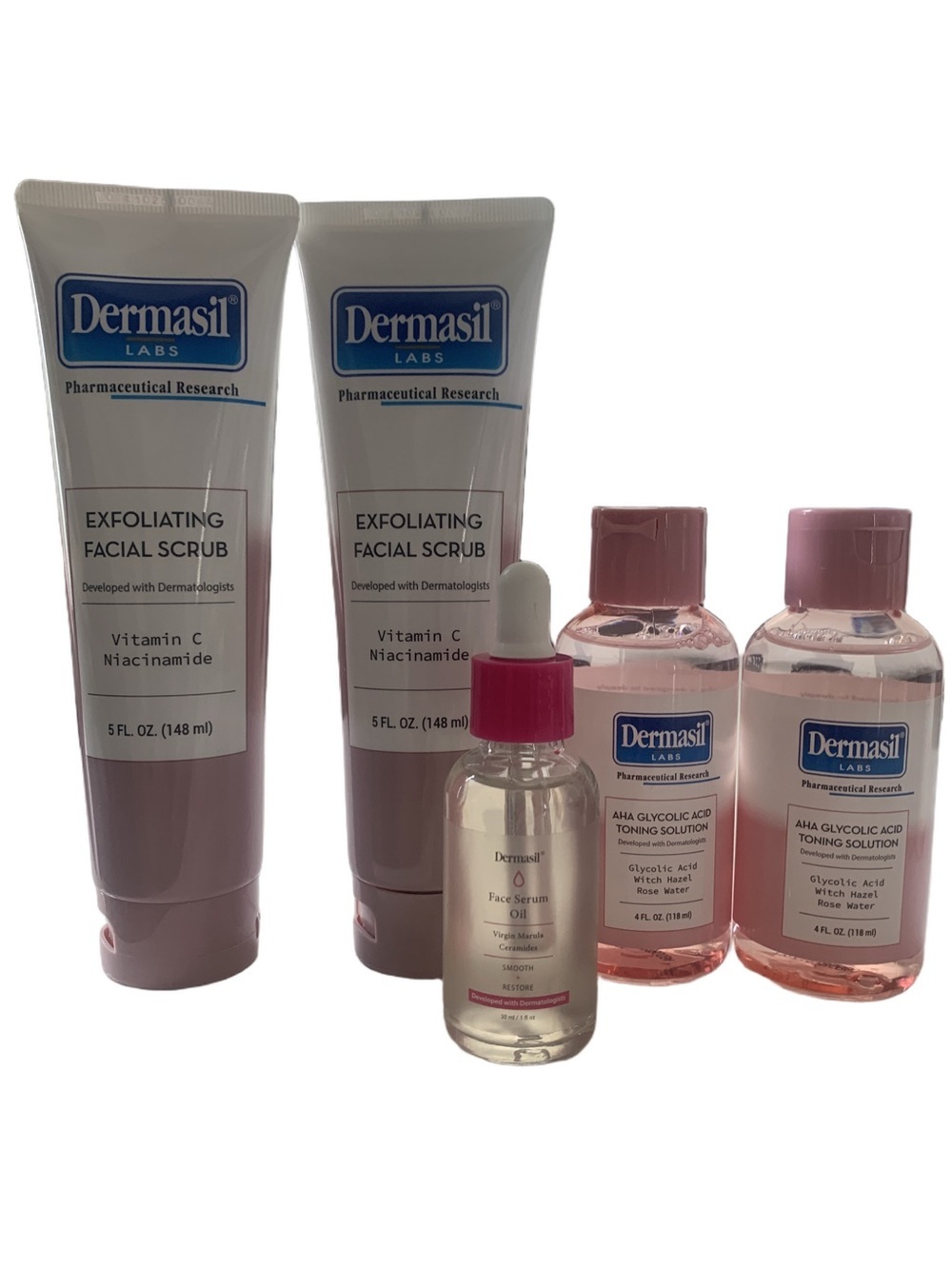 Dermasil Exfoliating Facial Scrub, Toning and Face Serum Oil Skincare Set